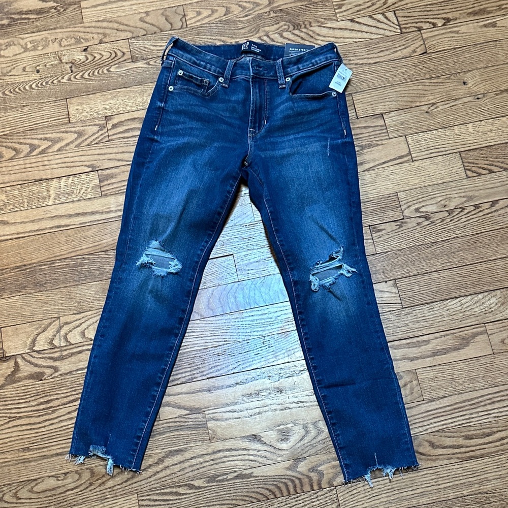 GAP Ankle Jeans in Deep Blue with Distressed Knees